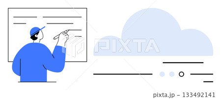 Person in blue clothing writing on whiteboard with lines and cloud shape representing data storage. Ideal for cloud computing, data management, education, technology, presentations, brainstorming 133492141