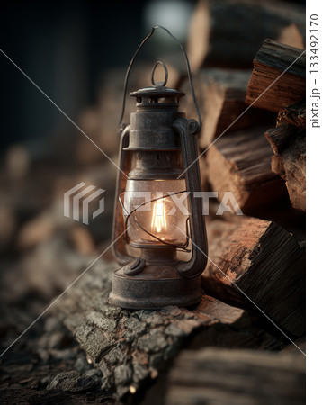 A vintage kerosene lantern hangs, casting a warm, glowing light on a meticulously stacked pile of chopped firewood at dusk, evoking a cozy, rustic atmosphere. 133492170