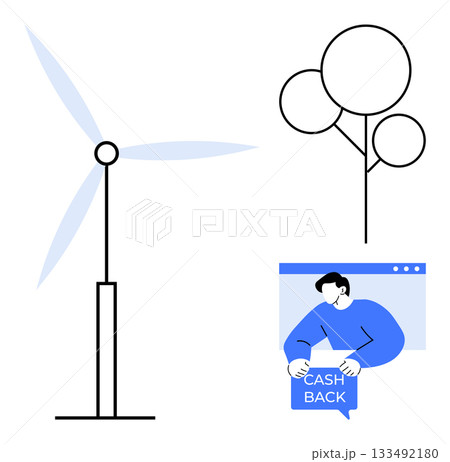 Wind turbine symbolizing renewable energy, tree representing environmental conservation, and a person holding a cash back sign. Ideal for sustainability, renewable energy, eco-friendly initiatives Wind turbine symbolizing renewable energy, tree representing environmental conservation, and a person holding a cash back sign. Ideal for sustainability, renewable energy, eco-friendly initiatives 133492180