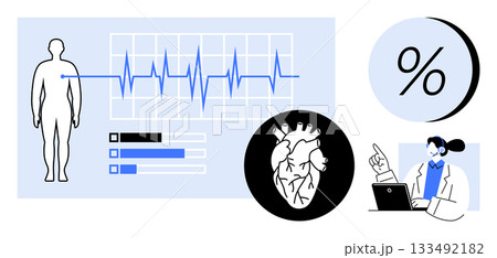 Human figure with ECG graph, heart diagram, percentage symbol, and a doctor analyzing data on a laptop. Ideal for medical education, health analytics, cardiology, data analysis, healthcare research Human figure with ECG graph, heart diagram, percentage symbol, and a doctor analyzing data on a laptop. Ideal for medical education, health analytics, cardiology, data analysis, healthcare research 133492182