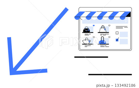 Digital storefront with blue awning, tablet display of handbag products with wishlist hearts, cart icon. Ideal for online shopping, e-commerce, digital marketing, fashion retail, UIUX design, product Digital storefront with blue awning, tablet display of handbag products with wishlist hearts, cart icon. Ideal for online shopping, e-commerce, digital marketing, fashion retail, UIUX design, product 133492186