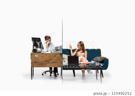 Bored office employee contrasted with cheerful remote worker enjoying drink Bored office employee contrasted with cheerful remote worker enjoying drink 133492252