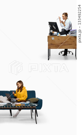 Frustrated office worker versus relaxed remote worker showing emotional contrast 133492254