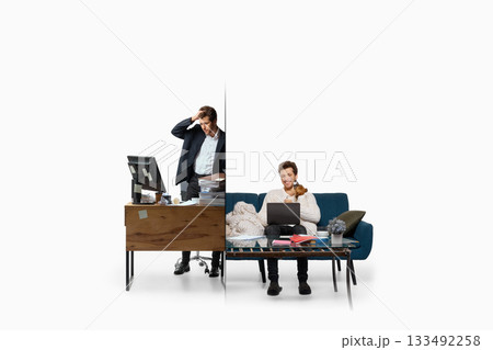 Confused office worker contrasted with cheerful remote worker with dog creating emotional duality Confused office worker contrasted with cheerful remote worker with dog creating emotional duality 133492258