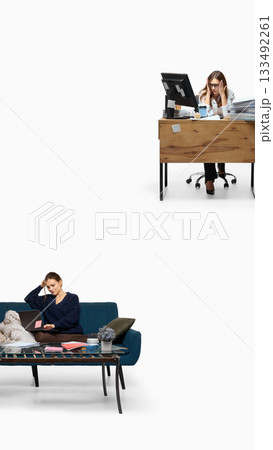 Stressed office employee versus thoughtful remote worker showing emotional contrast Stressed office employee versus thoughtful remote worker showing emotional contrast 133492261