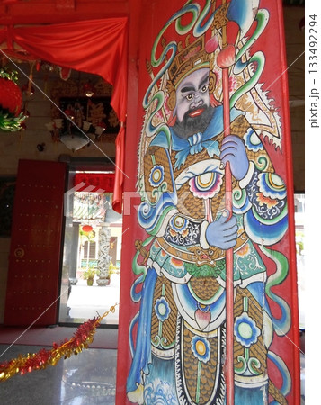 Vibrant Guardian Deity A Traditional Chinese Wall Mural Depicting a Mythical Protector Vibrant Guardian Deity A Traditional Chinese Wall Mural Depicting a Mythical Protector 133492294