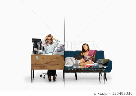 Stressed female office worker contrasted with calm home routine showing emotional duality. Bright collage 133492330