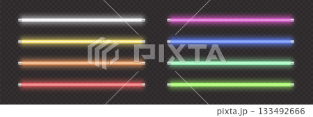 Neon tube lamp in white, yellow, red, pink, blue and green colors. Vector night realistic electric stripes fluorescent led light bar collection isolated on transparent background Neon tube lamp in white, yellow, red, pink, blue and green colors. Vector night realistic electric stripes fluorescent led light bar collection isolated on transparent background 133492666