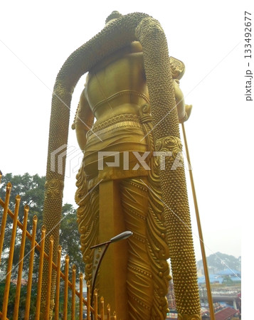 Rear View of a Majestic Golden Statue with Intricate Hair Details in a Sacred Space Rear View of a Majestic Golden Statue with Intricate Hair Details in a Sacred Space 133492677