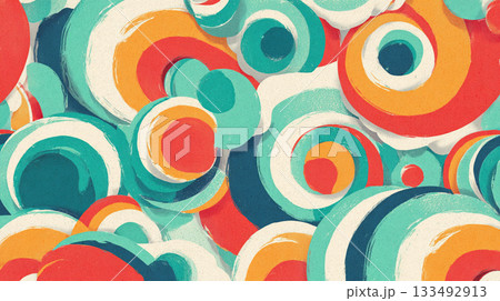 An abstract, painterly pattern of large, interlocking, colorful swirls and curves in bright blue, green, orange, and red. 133492913