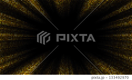 Background Black Center Burst with Golden Halftone Dots Radiating Outward, Dramatic Cosmic Glow, Abstract Starburst Motif 133492970