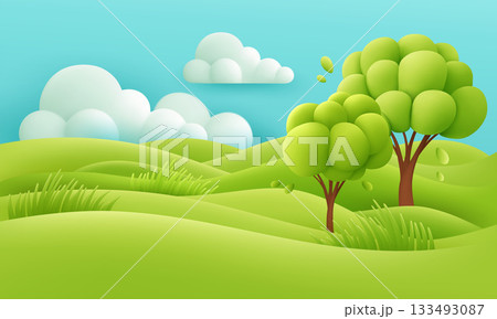 Bright Vector Landscape With Green Hills Trees And Cloudy Sky Scene 133493087