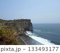 A Cliffside Shoreline with Waves Crashing Against Rocks and Greenery on the Cliff Under a Clear Sky 133493177