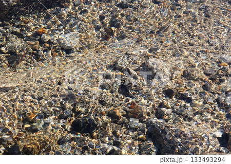 透明な川の流れと宝石のように輝く川底の石 133493294