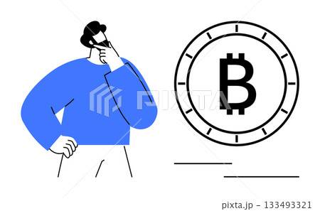 Man with hand on chin and thoughtful expression standing beside large Bitcoin symbol. Ideal for finance, investment, cryptocurrency, blockchain, financial planning, technology, and future trends 133493321