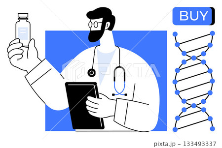 Doctor holds medication and tablet, ready for online consultation. DNA helix and buy button emphasize telemedicine and genetic services. Ideal for healthcare, telehealth, genetics, medicine Doctor holds medication and tablet, ready for online consultation. DNA helix and buy button emphasize telemedicine and genetic services. Ideal for healthcare, telehealth, genetics, medicine 133493337