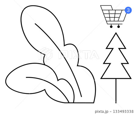 Black and white line art featuring large leaves, a simple pine tree, and a shopping cart icon with a notification bubble showing the number three. Ideal for e-commerce, environment, nature, shopping 133493338