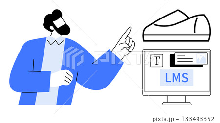 Man gesturing toward computer monitor displaying LMS and educational icons. Ideal for online learning, education platforms, digital training, e-courses, technology in education, remote teaching 133493352