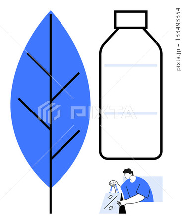 Blue leaf, recyclable bottle, and person with a shopping bag. Ideal for sustainability, environment protection, recycling, eco-friendly practices, green products, health awareness consumer behavior 133493354