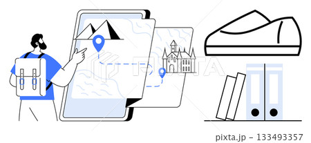 Traveler with backpack points at digital map showing route between mountains and castle, bookshelves, and shoe drawing. Ideal for travel planning, education, technology, navigation apps, adventure 133493357