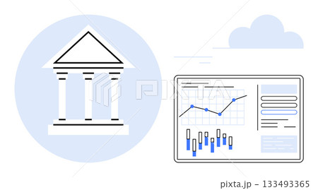 Government building beside a data report screen with charts and graphs under a blue cloud. Ideal for finance, banking, government, data analysis, economics, technology, web design. Line metaphor 133493365