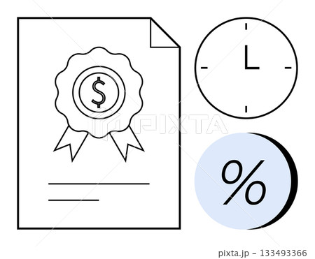 Document with dollar badge, clock indicating time, and percentage sign on blue circle illustrating financial themes. Ideal for finance, banking, contracts, loans, investments, savings, and interest Document with dollar badge, clock indicating time, and percentage sign on blue circle illustrating financial themes. Ideal for finance, banking, contracts, loans, investments, savings, and interest 133493366