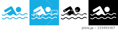 Swimming icons vector set in stroke line style. Linear outline illustration showing swimming signs, safety rules and prohibition symbols for beach zone and pool area. Swimming icons vector set in stroke line style. Linear outline illustration showing swimming signs, safety rules and prohibition symbols for beach zone and pool area. 133493367