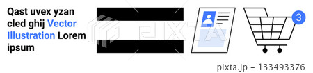 User profile icon, shopping cart with item count, text placeholders. Ideal for e-commerce, online shopping, user accounts, digital interfaces, website templates, mobile apps, and UIUX design. Landing 133493376