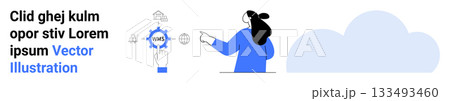 Woman pointing at cloud computing interface with displayed gear and server icons. Ideal for cloud services, data management, IT solutions, digital transformation, network management, tech tutorials 133493460