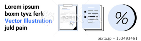 Digital document signing, document with bullet points, and percentage symbol. Ideal for finance, business, data analysis, presentations, reports, contracts, educational materials. Landing page 133493461