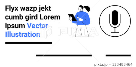 Person holding a tablet, speaking icon with microphone. Ideal for communication tools, digital media, podcasting, webinars, presentations, online tutorials, tech blogs, marketing. Landing page 133493464