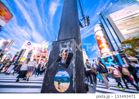 日本の東京都市景観11月24日、剥がされたシール…早くも4枚貼られ、必殺上貼りPR潰しも…＝朝、渋谷 133493471