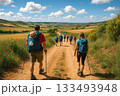 Group of Hikers Walking Along a Scenic Dirt Path Through Flower-Filled Fields Under Blue Sky 133493948
