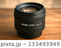 Prime Camera Lens with 50mm F1.8 Specification Placed on Wooden Surface in Close-Up View 133493949