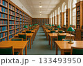 Spacious Library Interior with Rows of Wooden Desks, Green Chairs, Bookshelves, and Arched Windows 133493950