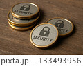 Stack of Golden Coins with Security Lock Symbol and Text on Wooden Surface Representing Protection and Safety 133493956