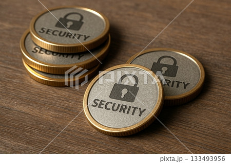 Stack of Golden Coins with Security Lock Symbol and Text on Wooden Surface Representing Protection and Safety 133493956