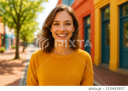 Woman Wearing Yellow Sweater Smiling Brightly on Colorful Street with Trees and Buildings in Background 133493957