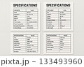Four Technical Specification Sheets Displaying Product Details Including Model Size Voltage and Performance Metrics 133493960