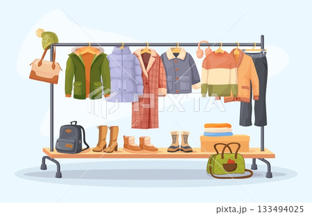 Winter clothes rack. Fashion outfit on hanger rail, cold autumn spring season female male wardrobe coats woman bag secondhand store apparel warm wear shop neat vector illustration 133494025
