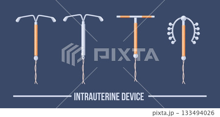 Iud types. Copper intrauterine contraceptive device, mirena coil iucd uterine implant placement hormonal birth control method contraception equipment set neat vector illustration Iud types. Copper intrauterine contraceptive device, mirena coil iucd uterine implant placement hormonal birth control method contraception equipment set neat vector illustration 133494026