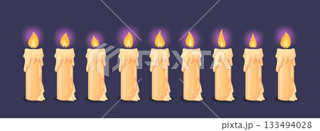 Candle flame animation. Candlelight burning wax fire animation, 2d video game sprite sheet movement flickering sequence step cartoon candles stage loop, neat vector illustration 133494028