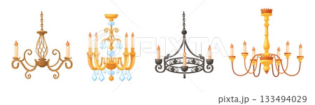 Cartoon vintage chandeliers. Classic chandelier with candles, gold candlestick hanging ceiling with crystals antique old lamp for medieval castle interior, neat vector illustration 133494029