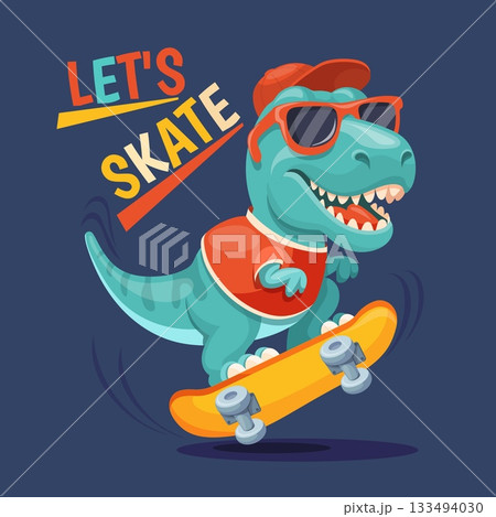 Dinosaur skater. Cool dino on skate, cute trex skateboard cartoon tyrannosaurus raptor character child apparel t shirt print design kid boy fashion clothes neat vector illustration Dinosaur skater. Cool dino on skate, cute trex skateboard cartoon tyrannosaurus raptor character child apparel t shirt print design kid boy fashion clothes neat vector illustration 133494030