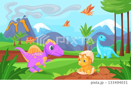 Dinosaur habitat. Dinosaurs world scene, jurassic period forest jungle nature cartoon landscape, volcano mountain prehistoric dino animal era background, neat vector illustration 133494031