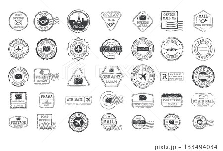 Grunge postage stamps. Vintage post stump for travel postcard, old mail letter postal card retro airmail antique seal border frame postmark element set, kicky vector illustration 133494034