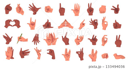 Cartoon hands language. Hand different gestures, open closed palm write pose fist punch grip heart gesture finger touch arm hold position human palms set classy vector illustration 133494036
