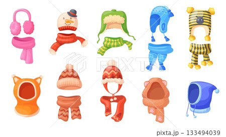 Kids winter beanie. Children warm hats and scarf, child cap hat with pompon earmuffs knit woolen headwear earflaps baby christmas or autumn head wear, set neat vector illustration 133494039