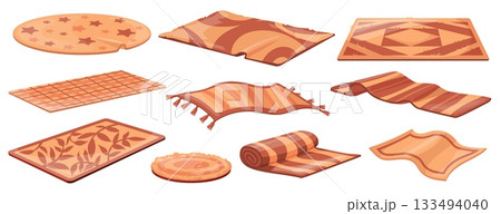 Cartoon wool carpets. Brown craft rugs, mat traditional flooring cozy home interior living room floor decoration oriental rug roll doormat soft carpet set, neat vector illustration Cartoon wool carpets. Brown craft rugs, mat traditional flooring cozy home interior living room floor decoration oriental rug roll doormat soft carpet set, neat vector illustration 133494040