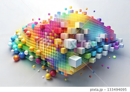 A unique 3D rendering of a colorful cube composed of smaller cubes and spheres arranged in a visually striking and harmonious manner A unique 3D rendering of a colorful cube composed of smaller cubes and spheres arranged in a visually striking and harmonious manner 133494095